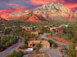 Sedona drone photo with Fed Ex truck