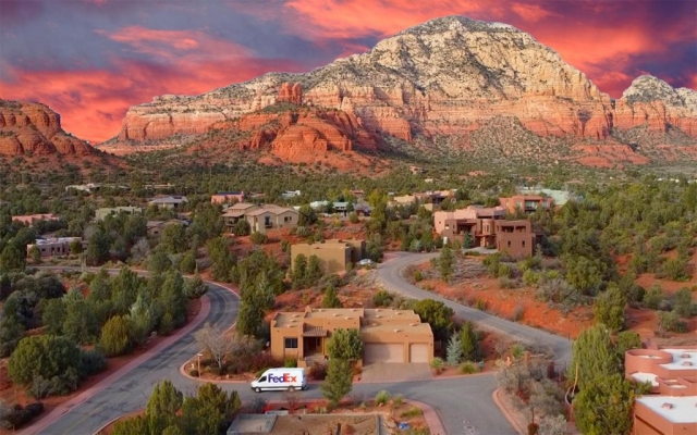 Sedona drone photo with Fed Ex truck