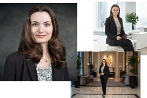personal branding page business woman in black suit composite image showing three headshot variations