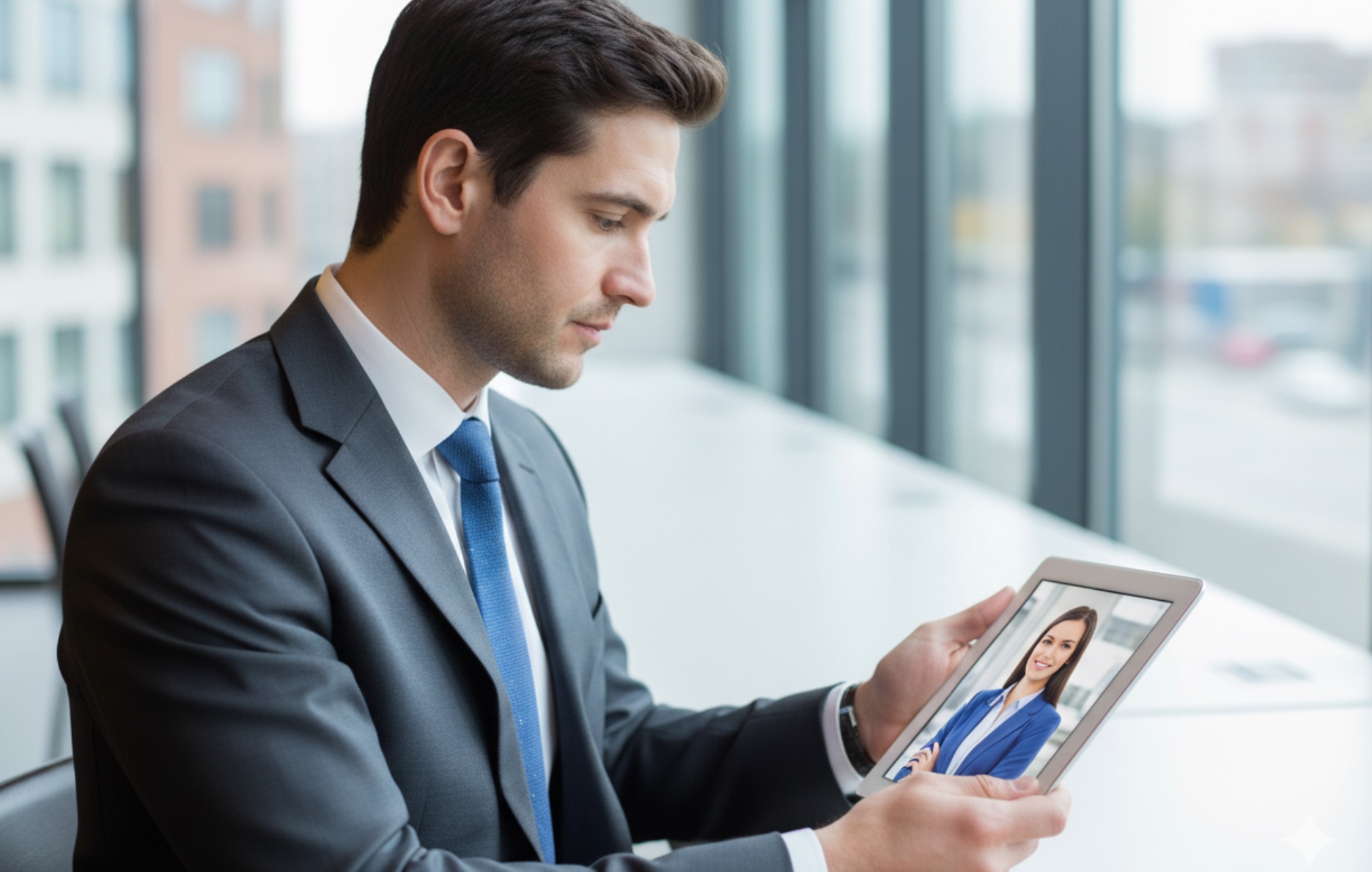 speed business man looking at headshot image of business woman on an ipad.