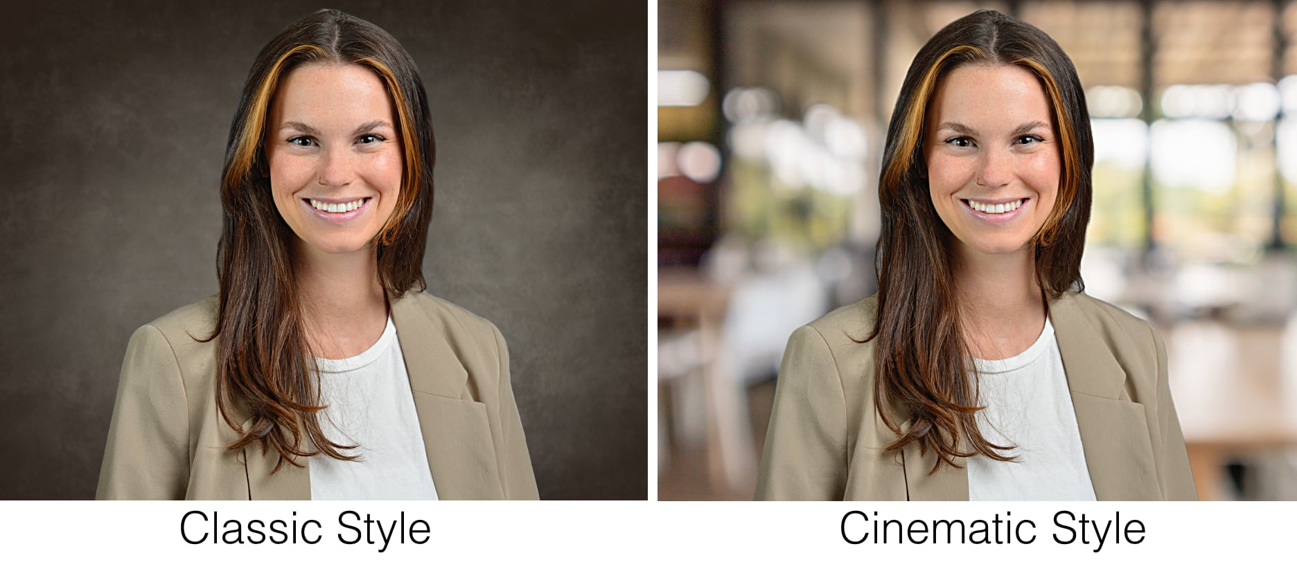 classic-cinematic samples Comparison photo showing Art Dickinsons headshot photography offerings of classic and cinematic images